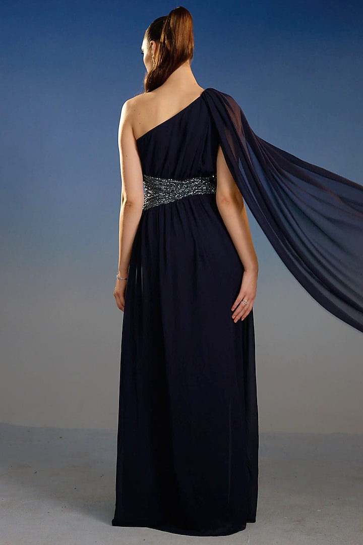 Navy Mesh One-Shoulder Draped Party Wear Gown by BLING EMPIRE at Pernia's Pop Up Shop