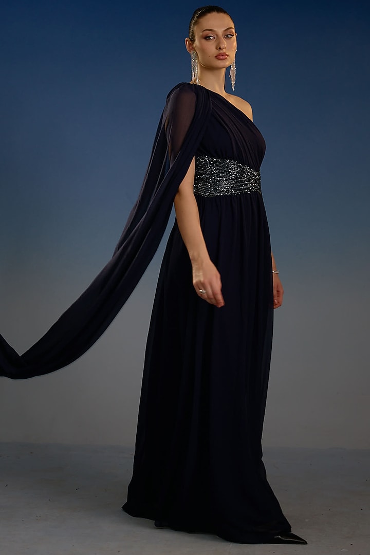 Navy Mesh One-Shoulder Draped Party Wear Gown by BLING EMPIRE at Pernia's Pop Up Shop