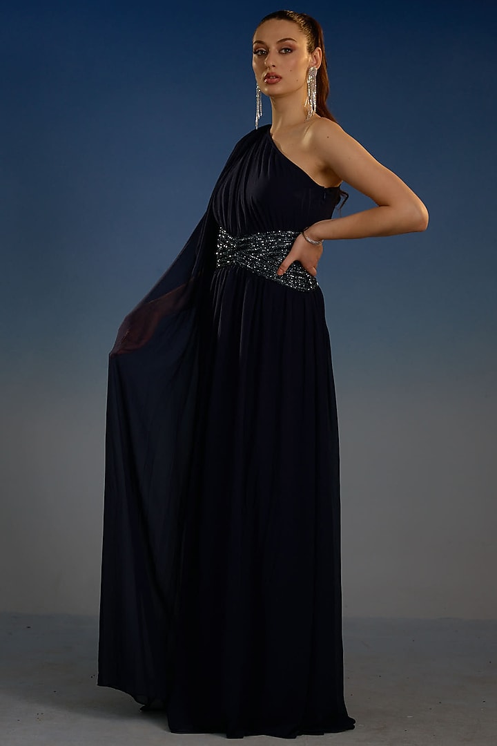 Navy Mesh One-Shoulder Draped Party Wear Gown by BLING EMPIRE at Pernia's Pop Up Shop