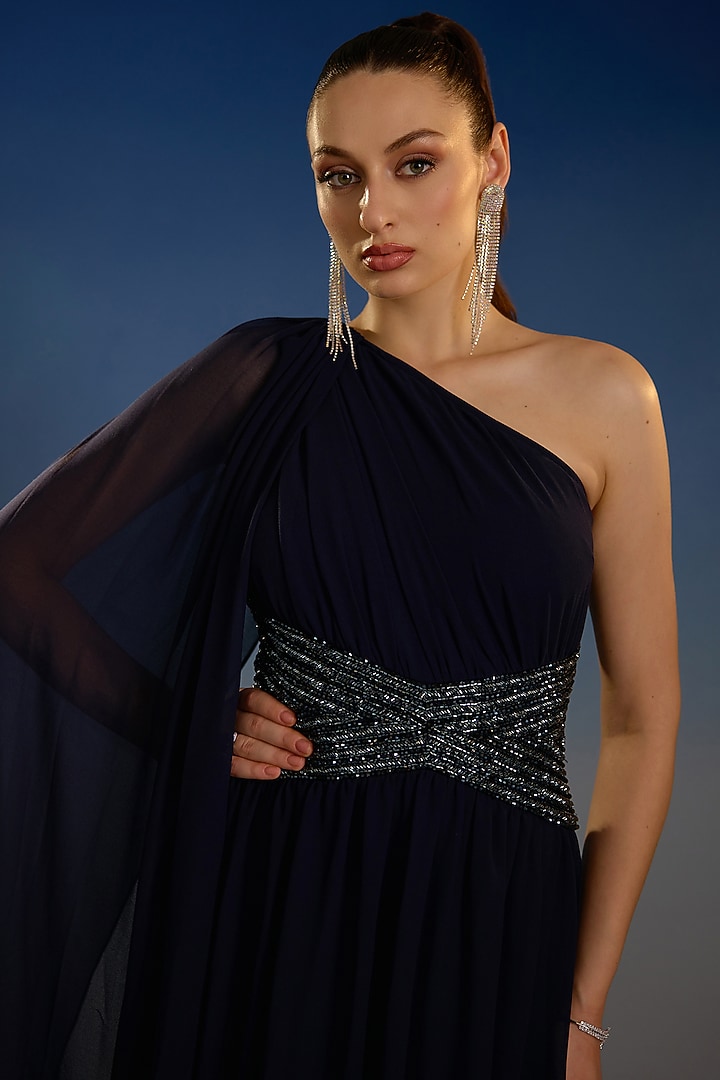 Navy Mesh One-Shoulder Draped Party Wear Gown by BLING EMPIRE at Pernia's Pop Up Shop