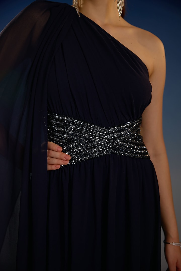 Navy Mesh One-Shoulder Draped Party Wear Gown by BLING EMPIRE at Pernia's Pop Up Shop