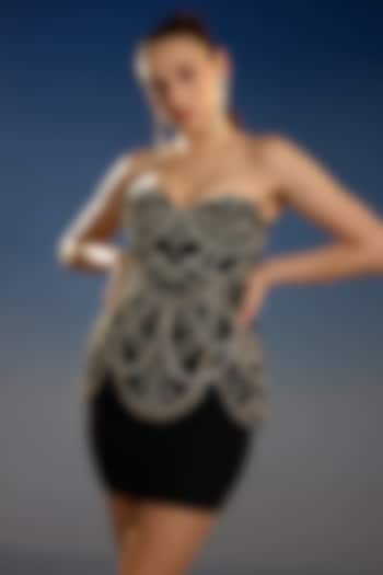 Black Mesh Embellished Corset Mini Vacation Dress by BLING EMPIRE at Pernia's Pop Up Shop