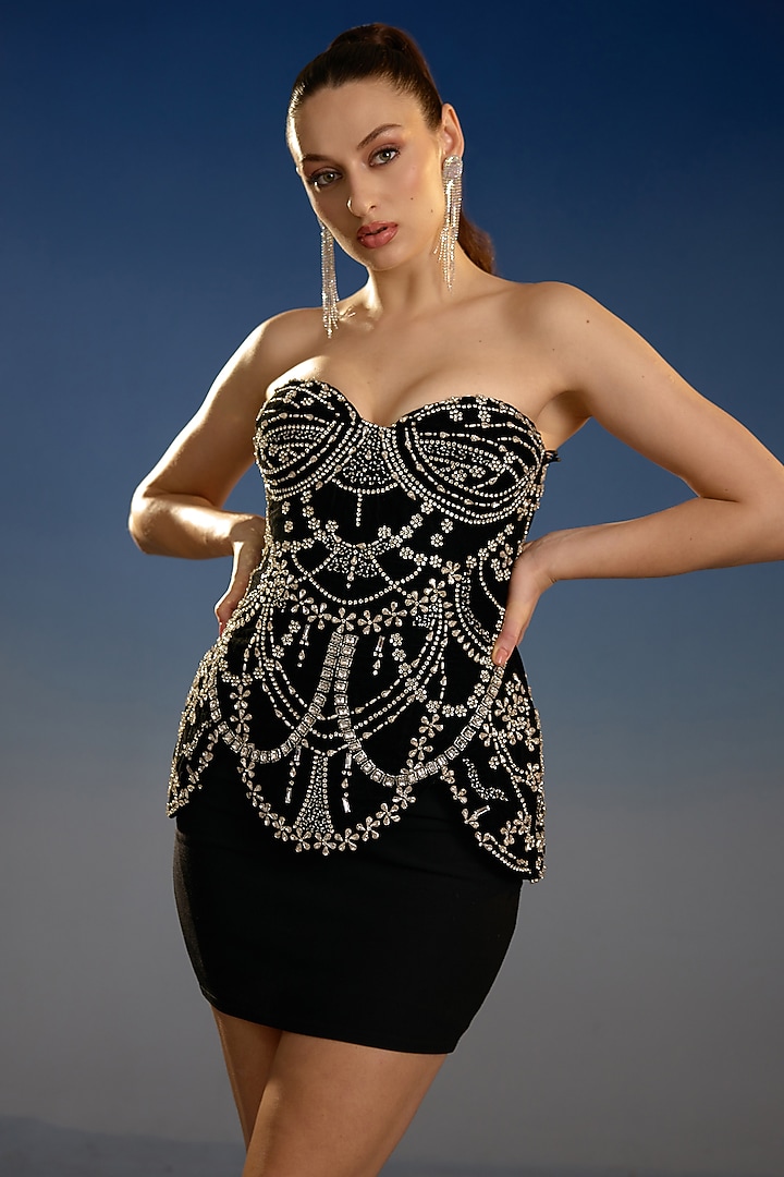 Black Mesh Embellished Corset Mini Vacation Dress by BLING EMPIRE at Pernia's Pop Up Shop