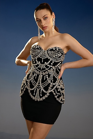 Black Mesh Embellished Corset Mini Dress by BLING EMPIRE