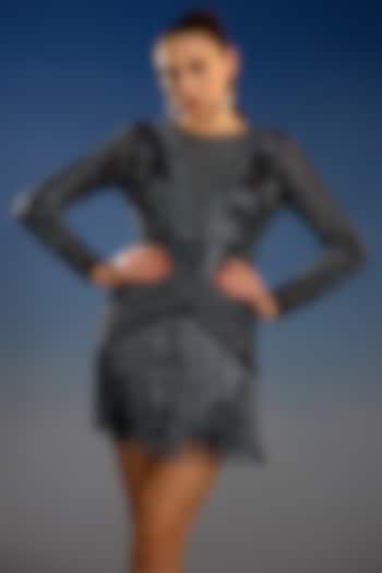 Midnight Blue Mesh Embellished Wrap Mini Vacation Dress by BLING EMPIRE at Pernia's Pop Up Shop