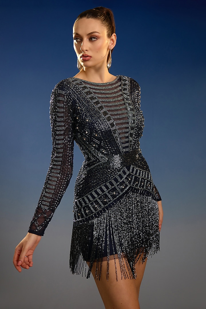 Midnight Blue Mesh Embellished Wrap Mini Vacation Dress by BLING EMPIRE at Pernia's Pop Up Shop