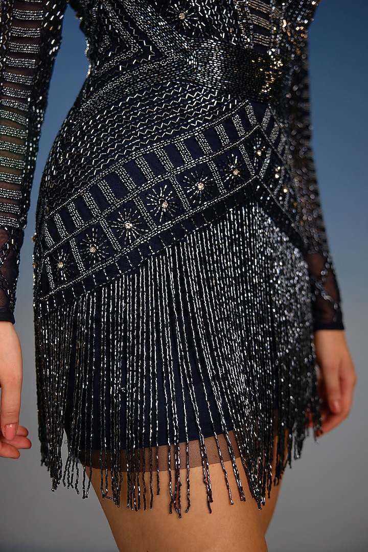 Midnight Blue Mesh Embellished Wrap Mini Vacation Dress by BLING EMPIRE at Pernia's Pop Up Shop