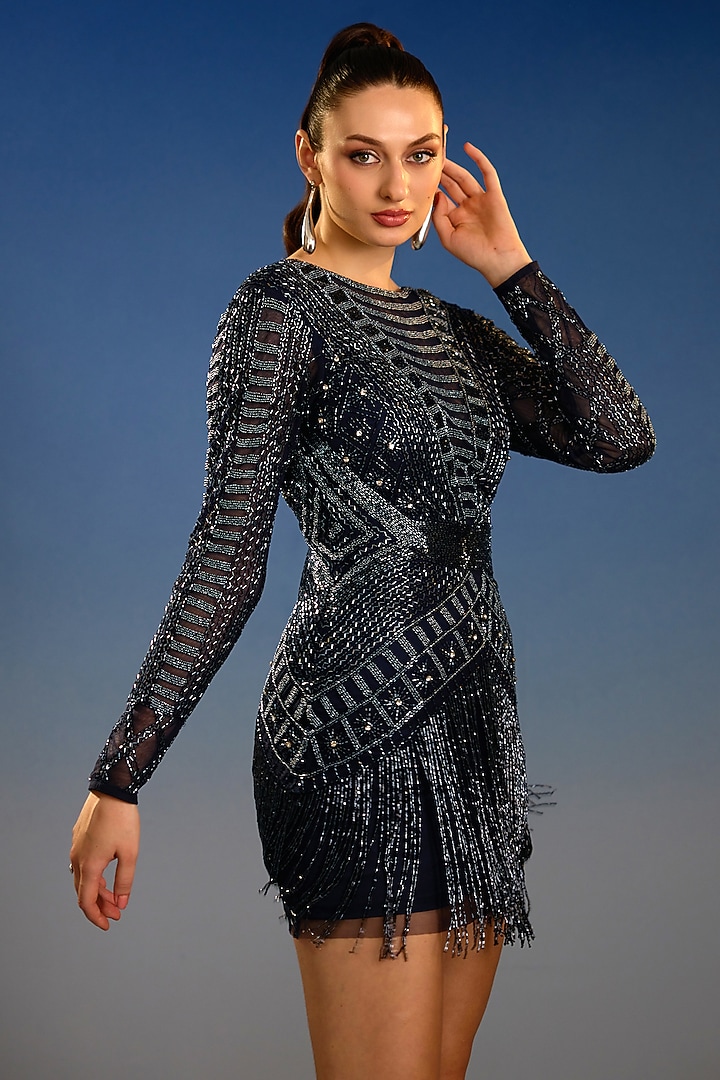 Midnight Blue Mesh Embellished Wrap Mini Vacation Dress by BLING EMPIRE at Pernia's Pop Up Shop