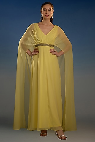 Yellow Mesh Draped Gown by BLING EMPIRE