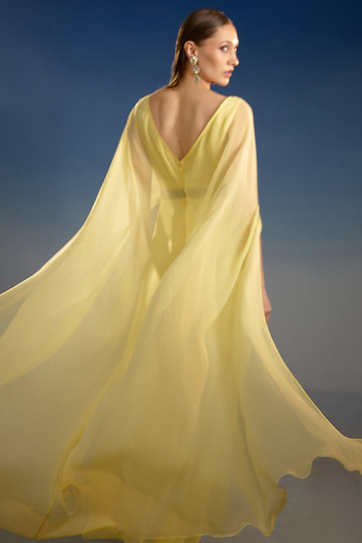 Yellow Mesh Draped Party Wear Gown by BLING EMPIRE at Pernia's Pop Up Shop