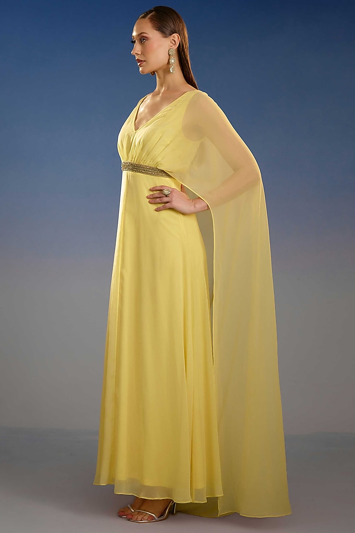 Yellow Mesh Draped Party Wear Gown by BLING EMPIRE at Pernia's Pop Up Shop