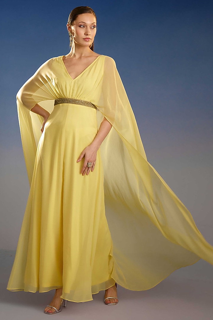 Yellow Mesh Draped Party Wear Gown by BLING EMPIRE at Pernia's Pop Up Shop