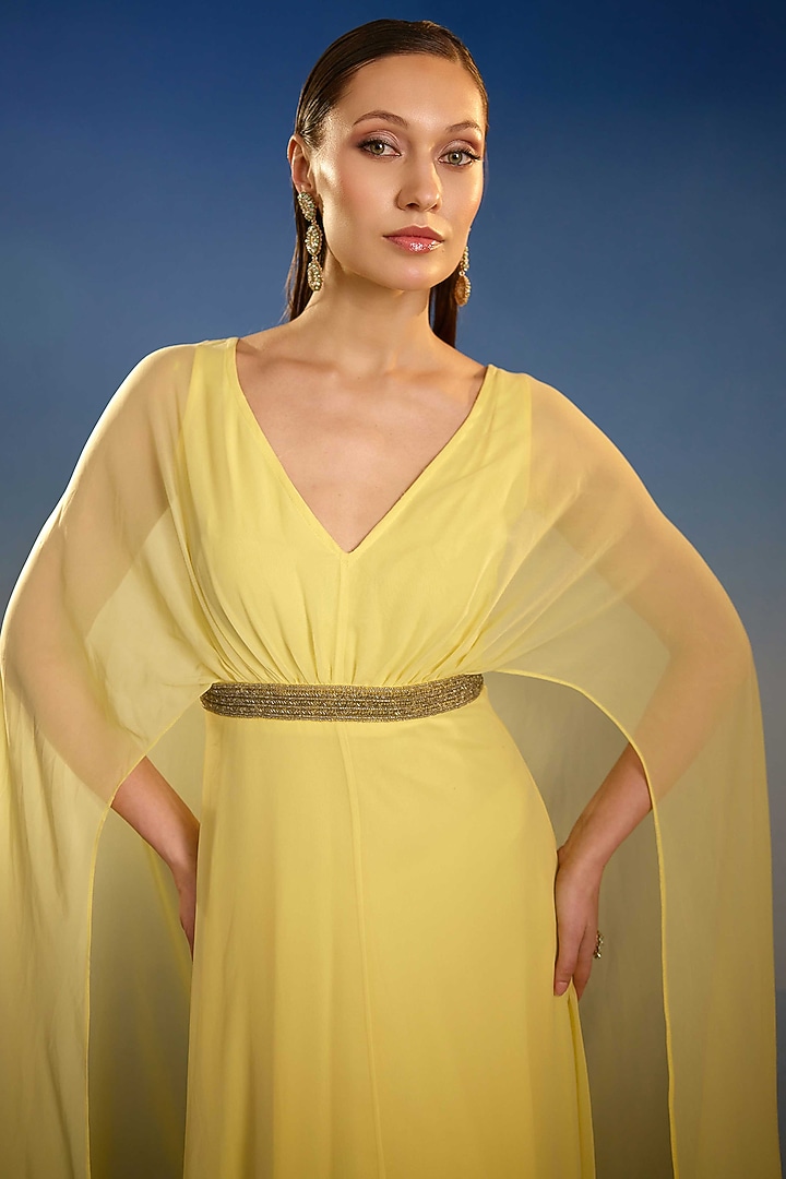 Yellow Mesh Draped Party Wear Gown by BLING EMPIRE at Pernia's Pop Up Shop