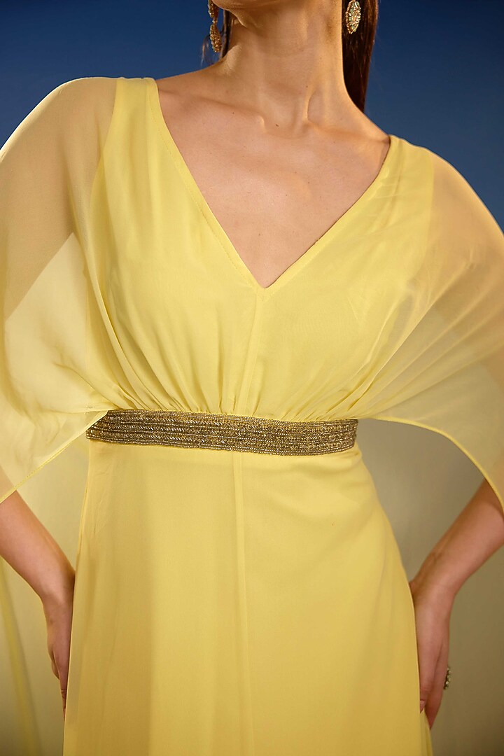 Yellow Mesh Draped Party Wear Gown by BLING EMPIRE at Pernia's Pop Up Shop
