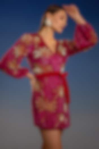 Crimson Red Mesh Sequin Embellished Wrap Mini Vacation Dress by BLING EMPIRE at Pernia's Pop Up Shop