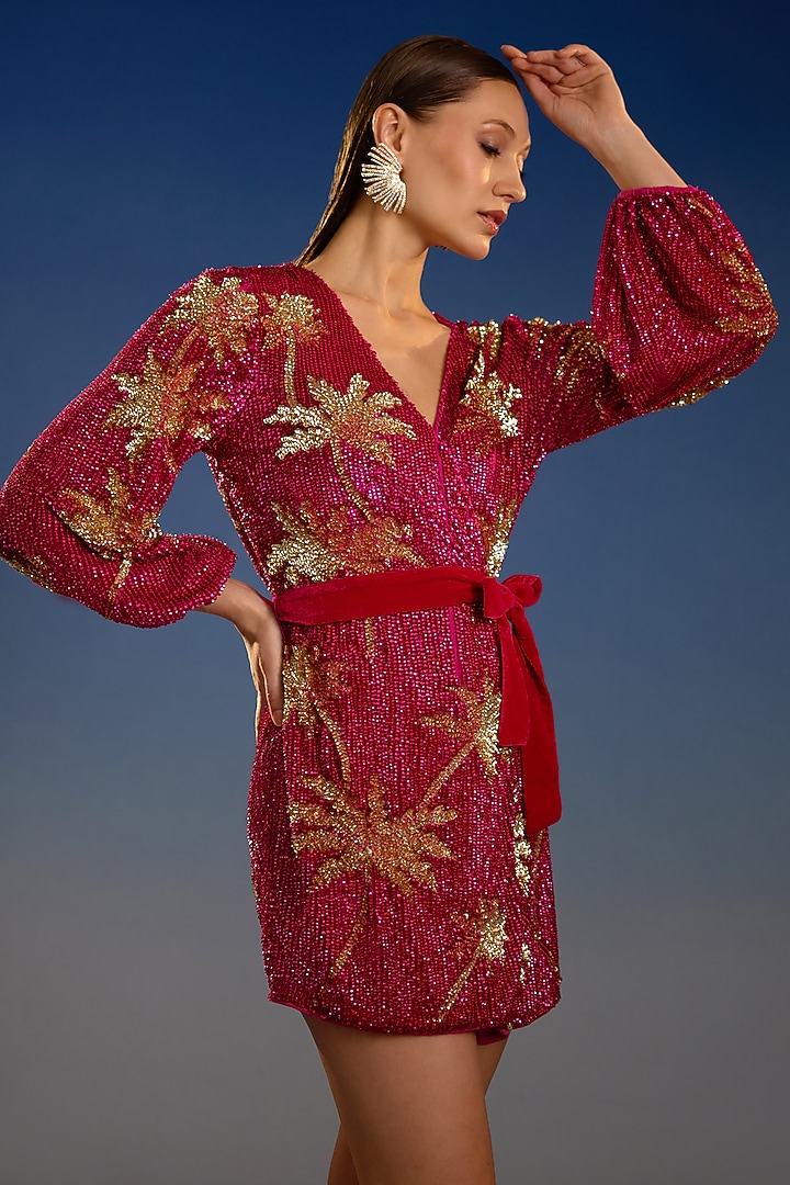 Crimson Red Mesh Sequin Embellished Wrap Mini Vacation Dress by BLING EMPIRE at Pernia's Pop Up Shop