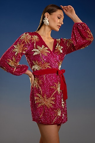 Crimson Red Mesh Sequin Embellished Wrap Mini Dress by BLING EMPIRE
