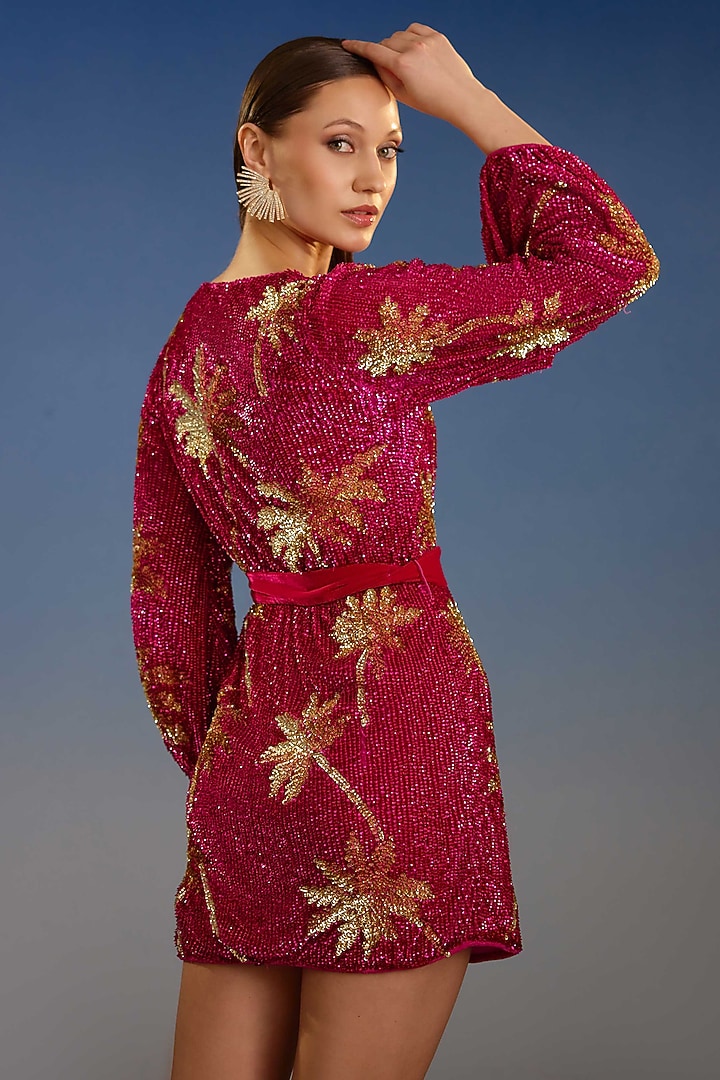 Crimson Red Mesh Sequin Embellished Wrap Mini Vacation Dress by BLING EMPIRE at Pernia's Pop Up Shop