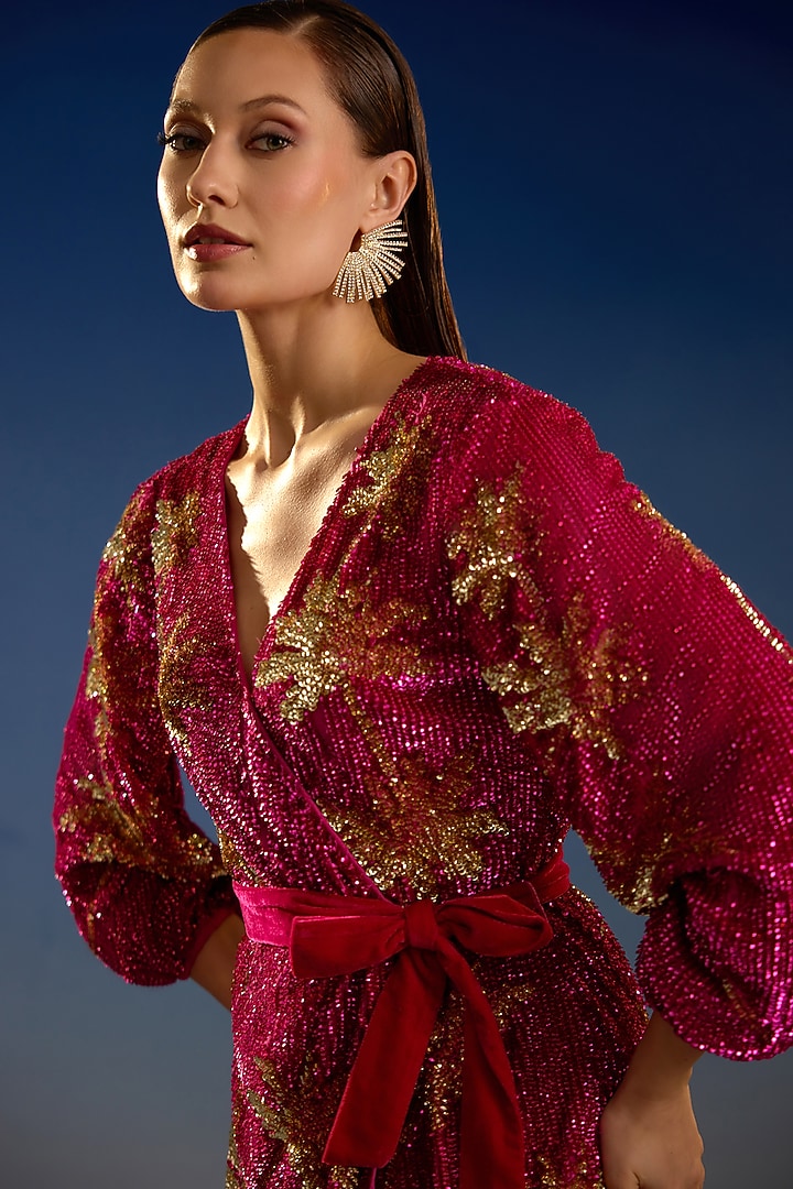 Crimson Red Mesh Sequin Embellished Wrap Mini Vacation Dress by BLING EMPIRE at Pernia's Pop Up Shop