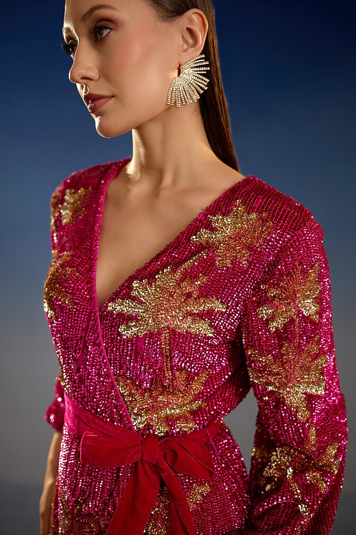 Crimson Red Mesh Sequin Embellished Wrap Mini Vacation Dress by BLING EMPIRE at Pernia's Pop Up Shop