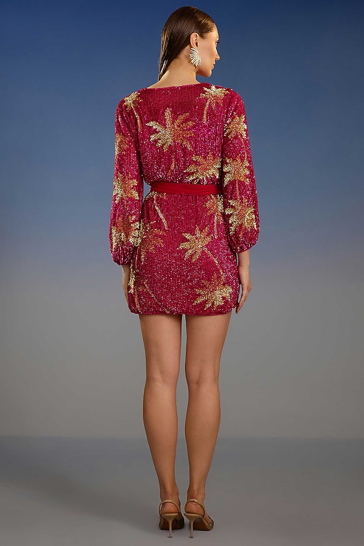 Crimson Red Mesh Sequin Embellished Wrap Mini Vacation Dress by BLING EMPIRE at Pernia's Pop Up Shop