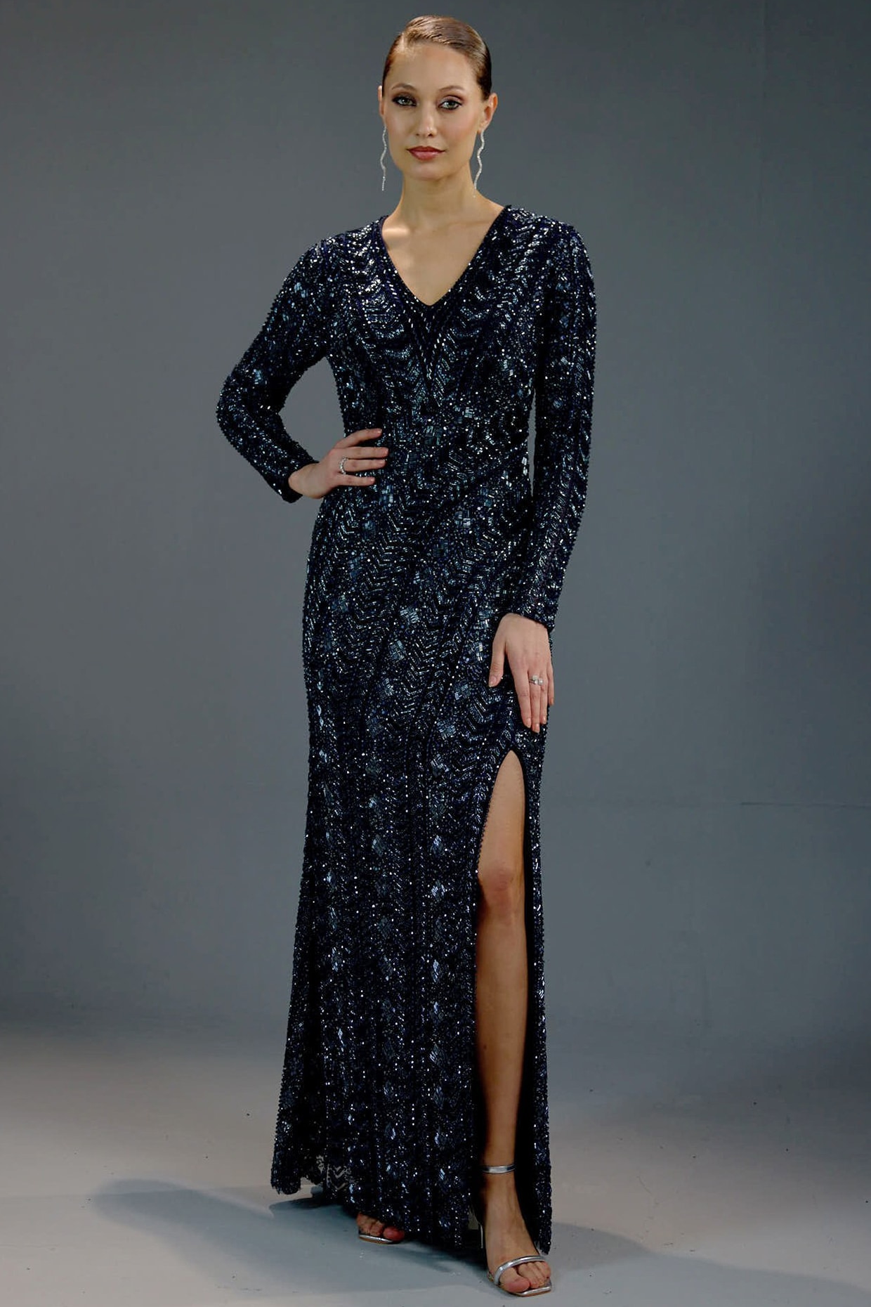 BLING EMPIRE Navy Blue Mesh Sequin Embellished Wrap Maxi Dress