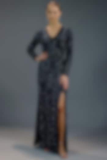 Navy Blue Mesh Sequin Embellished Wrap Maxi Party Wear Dress by BLING EMPIRE at Pernia's Pop Up Shop