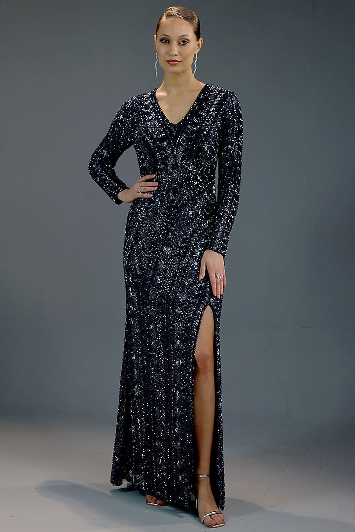Navy Blue Mesh Sequin Embellished Wrap Maxi Party Wear Dress by BLING EMPIRE at Pernia's Pop Up Shop