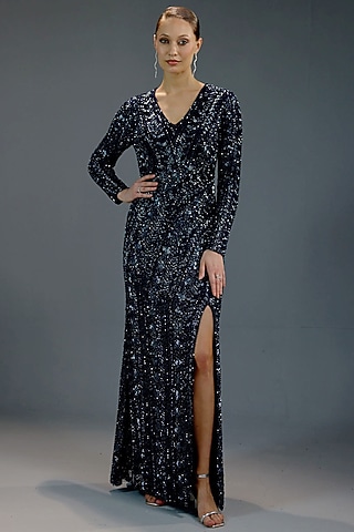 Navy Blue Mesh Sequin Embellished Wrap Maxi Dress by BLING EMPIRE
