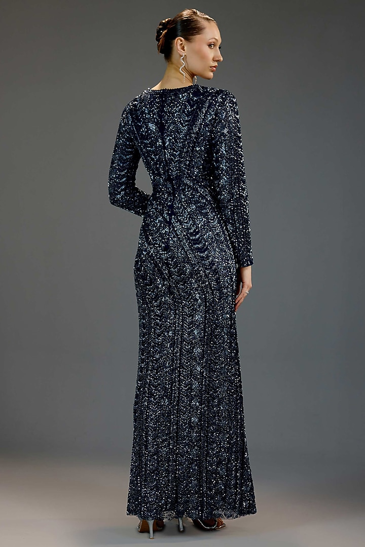 Navy Blue Mesh Sequin Embellished Wrap Maxi Party Wear Dress by BLING EMPIRE at Pernia's Pop Up Shop