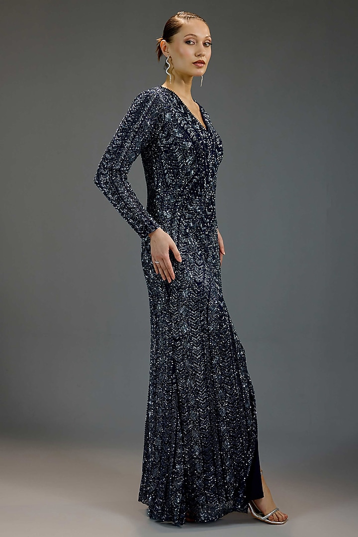 Navy Blue Mesh Sequin Embellished Wrap Maxi Party Wear Dress by BLING EMPIRE at Pernia's Pop Up Shop
