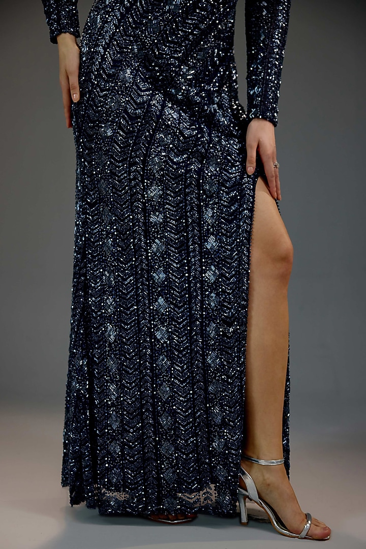 Navy Blue Mesh Sequin Embellished Wrap Maxi Party Wear Dress by BLING EMPIRE at Pernia's Pop Up Shop