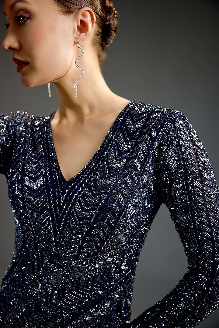 Navy Blue Mesh Sequin Embellished Wrap Maxi Party Wear Dress by BLING EMPIRE at Pernia's Pop Up Shop