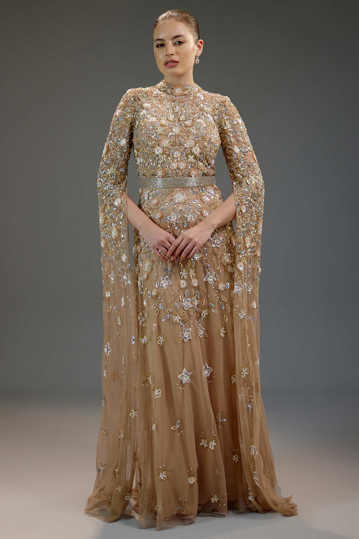 BLING EMPIRE Golden Mesh Floral Embroidered Gown