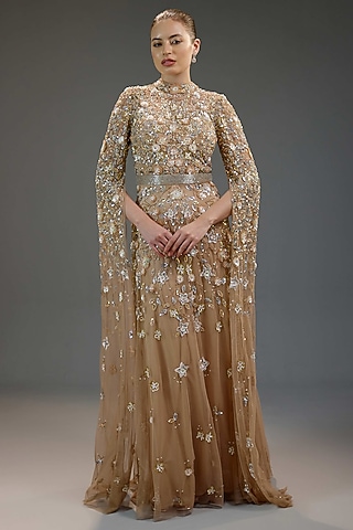 Golden Mesh Floral Embroidered Gown by BLING EMPIRE