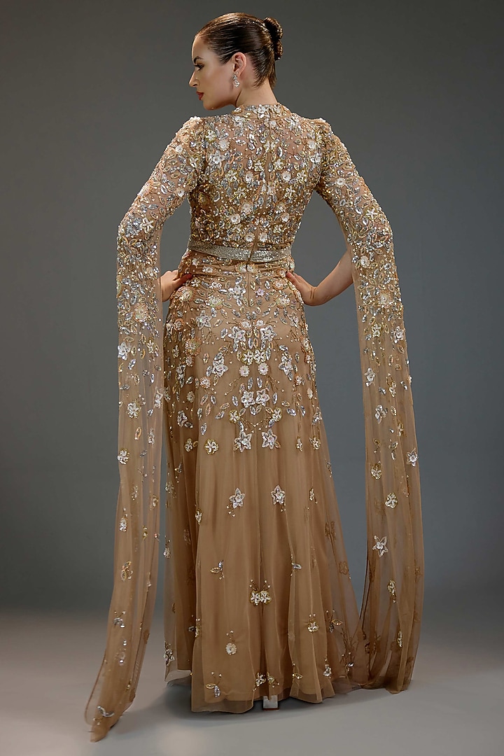 Golden Mesh Floral Embroidered Engagement Gown by BLING EMPIRE at Pernia's Pop Up Shop