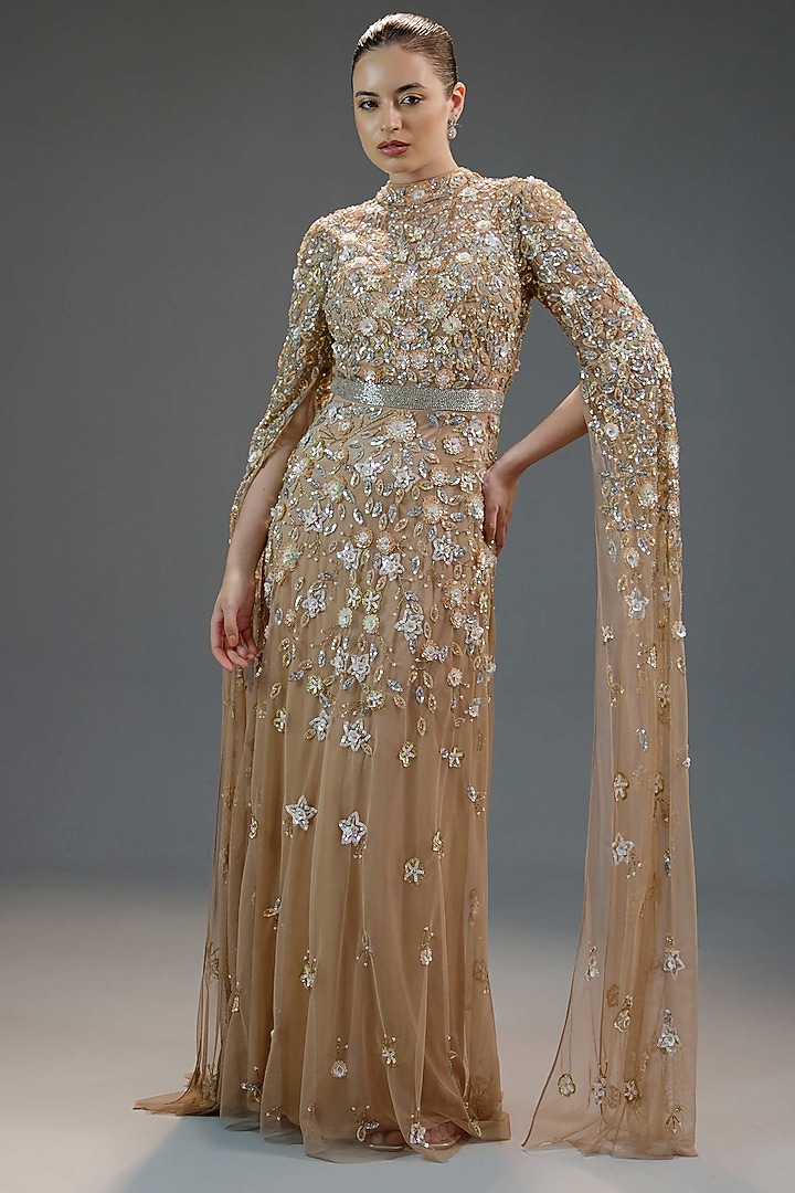 Golden Mesh Floral Embroidered Engagement Gown by BLING EMPIRE at Pernia's Pop Up Shop