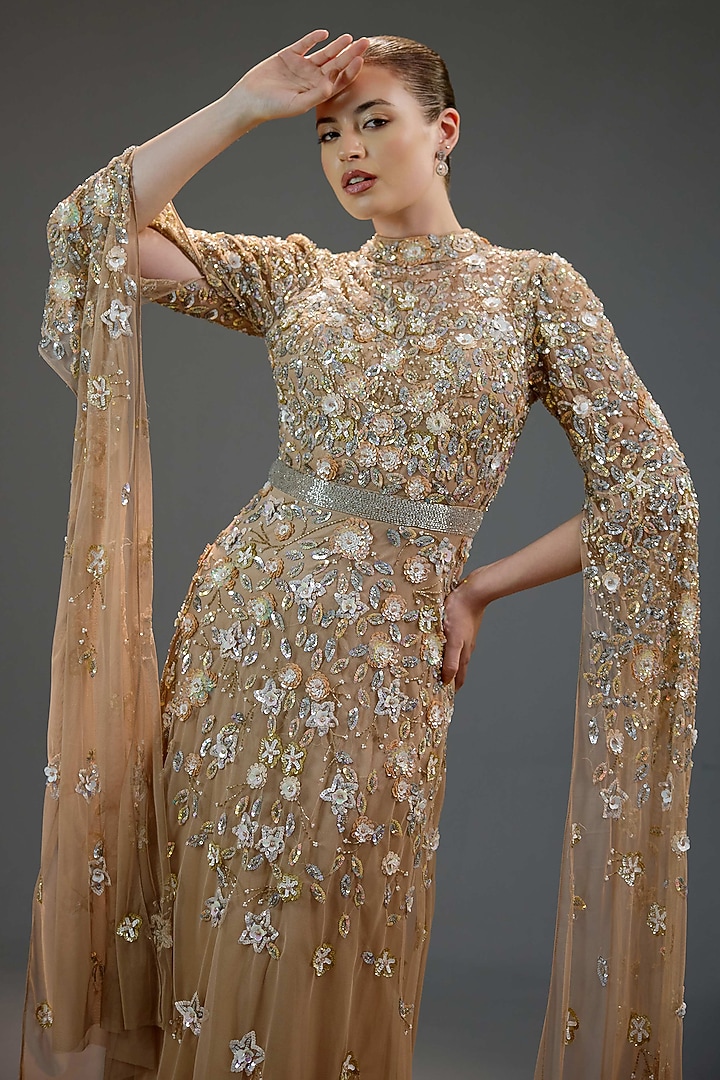 Golden Mesh Floral Embroidered Engagement Gown by BLING EMPIRE at Pernia's Pop Up Shop
