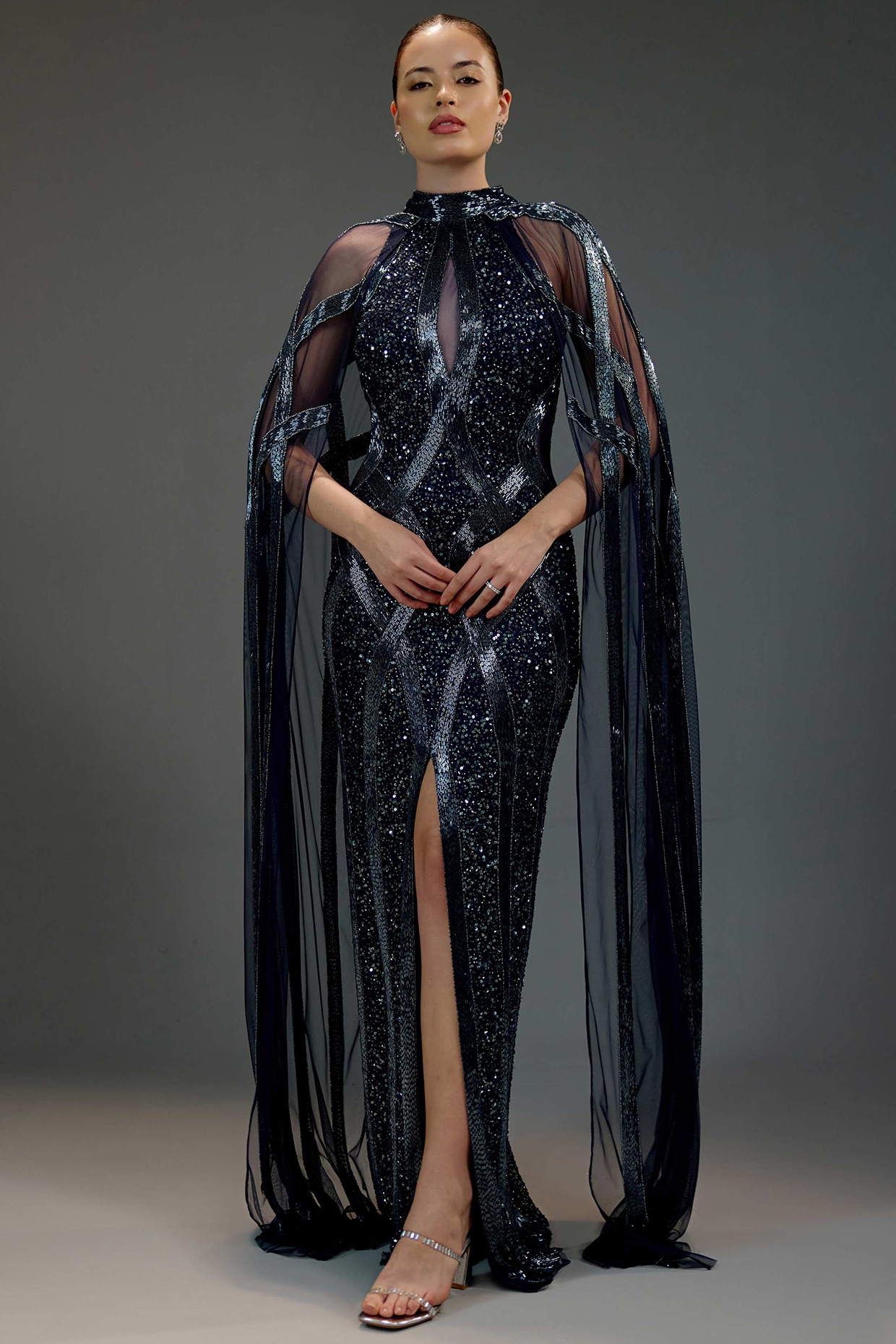 BLING EMPIRE Midnight Blue Mesh Sequin & Bead Embellished Maxi Dress