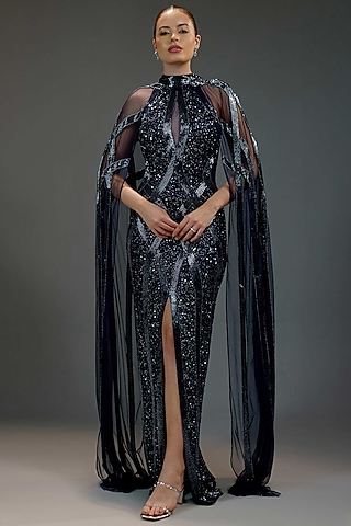 Midnight Blue Mesh Sequin & Bead Embellished Maxi Dress by BLING EMPIRE