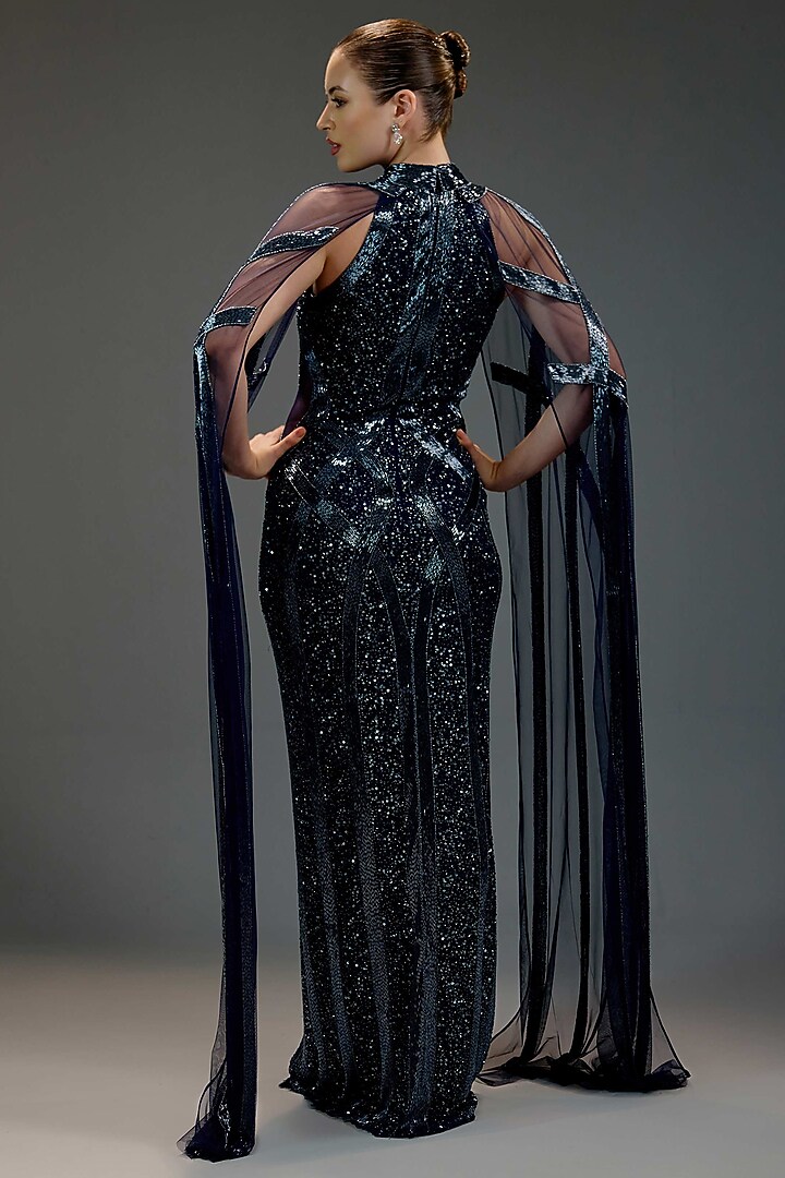 Midnight Blue Mesh Sequin & Bead Embellished Maxi Party Wear Dress by BLING EMPIRE at Pernia's Pop Up Shop