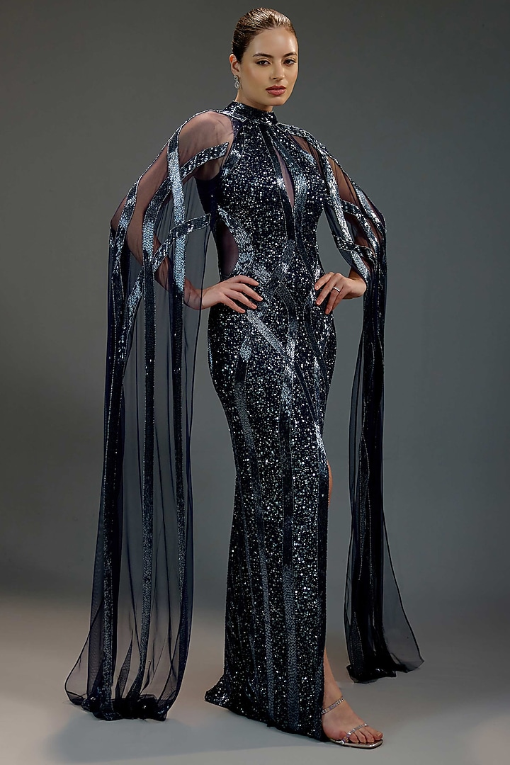 Midnight Blue Mesh Sequin & Bead Embellished Maxi Party Wear Dress by BLING EMPIRE at Pernia's Pop Up Shop