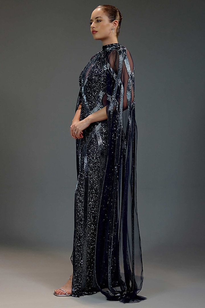 Midnight Blue Mesh Sequin & Bead Embellished Maxi Party Wear Dress by BLING EMPIRE at Pernia's Pop Up Shop