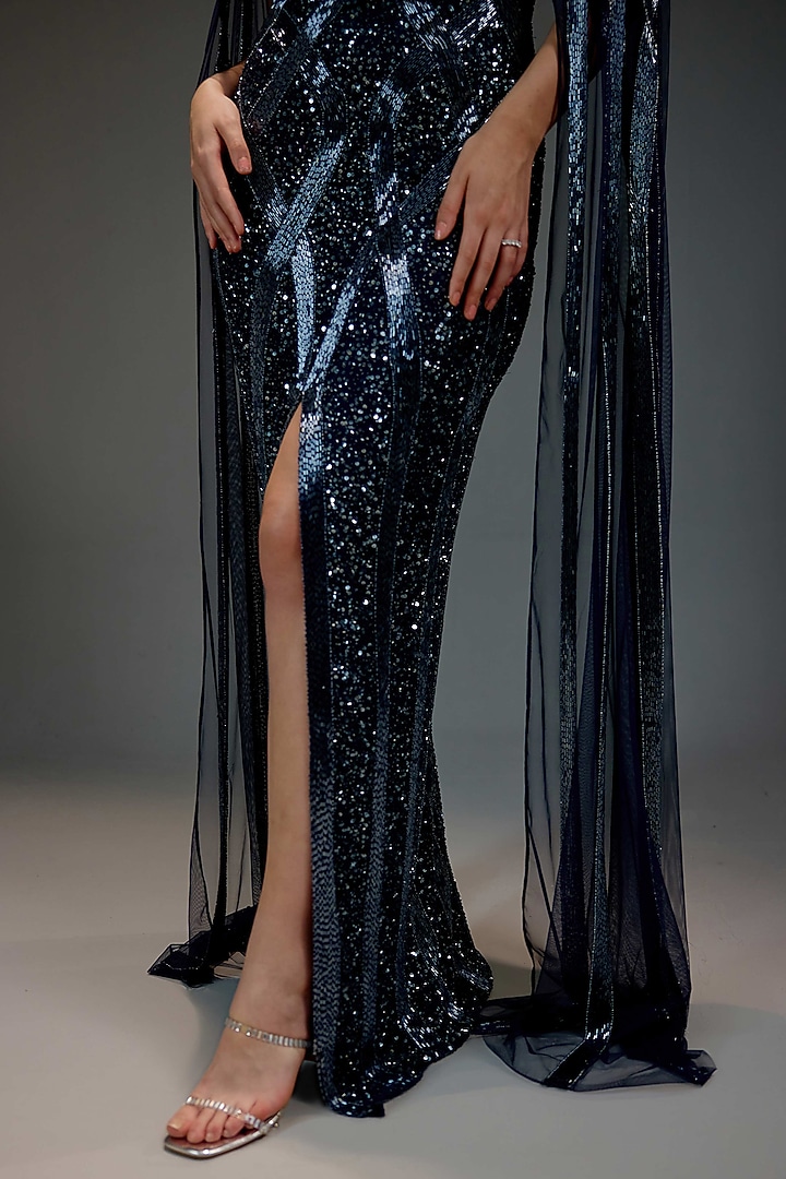 Midnight Blue Mesh Sequin & Bead Embellished Maxi Party Wear Dress by BLING EMPIRE at Pernia's Pop Up Shop