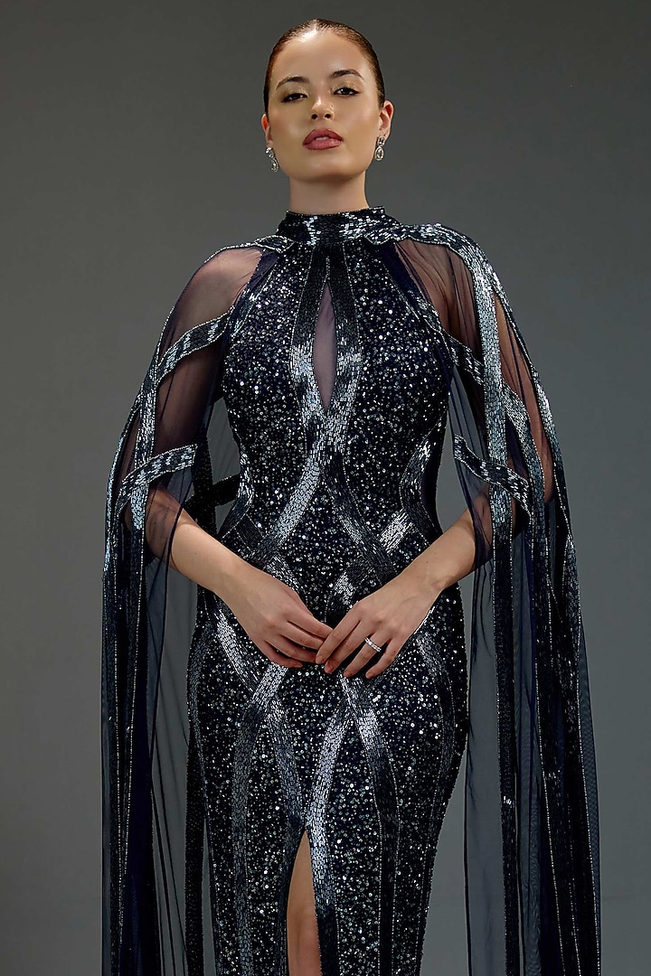 Midnight Blue Mesh Sequin & Bead Embellished Maxi Party Wear Dress by BLING EMPIRE at Pernia's Pop Up Shop