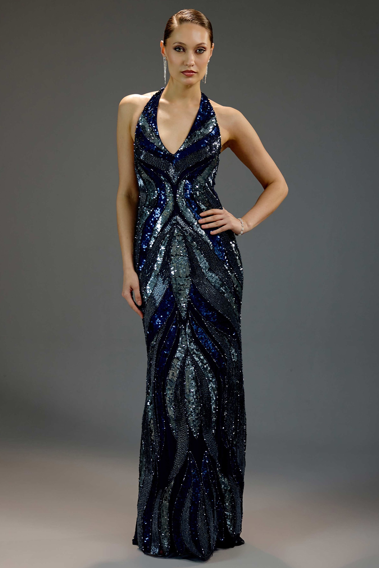 BLING EMPIRE Midnight Blue Mesh Sequin Embellished Halter Maxi Dress