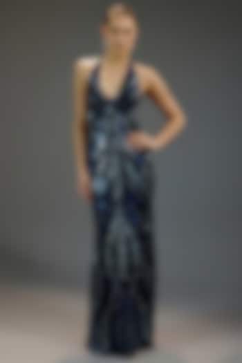 Midnight Blue Mesh Sequin Embellished Halter Maxi Party Wear Dress by BLING EMPIRE at Pernia's Pop Up Shop