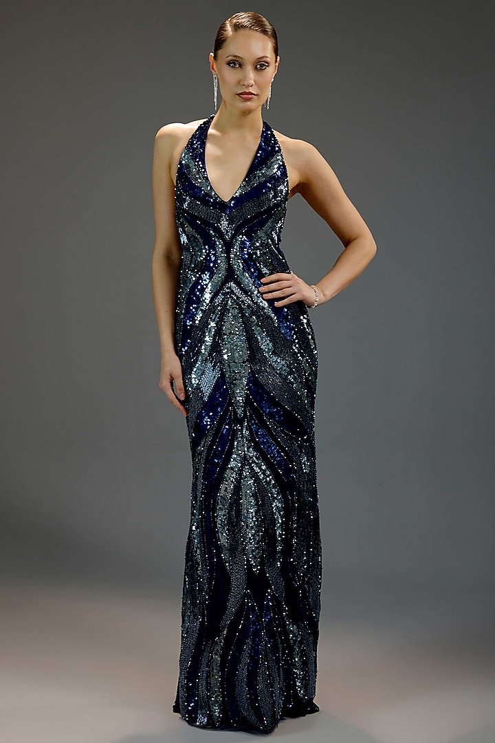 Midnight Blue Mesh Sequin Embellished Halter Maxi Party Wear Dress by BLING EMPIRE at Pernia's Pop Up Shop