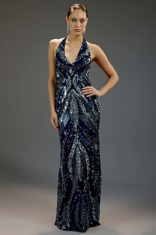 Midnight Blue Mesh Sequin Embellished Halter Maxi Dress by BLING EMPIRE