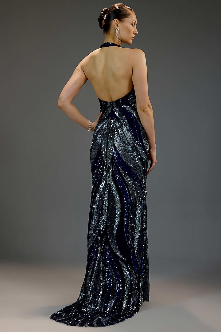 Midnight Blue Mesh Sequin Embellished Halter Maxi Party Wear Dress by BLING EMPIRE at Pernia's Pop Up Shop